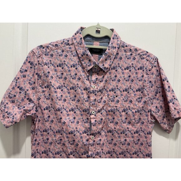 7 Diamonds Button Up Small Pink Floral Print Short Sleeve Front Pocket - Picture 2 of 11